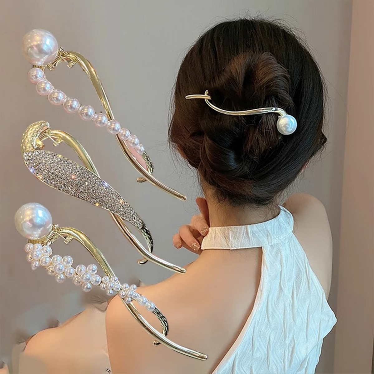 Lifestyle Of Korean - Elegante Glitzer-Perlen-Haarspange für Frauen, trendige gedrehte
